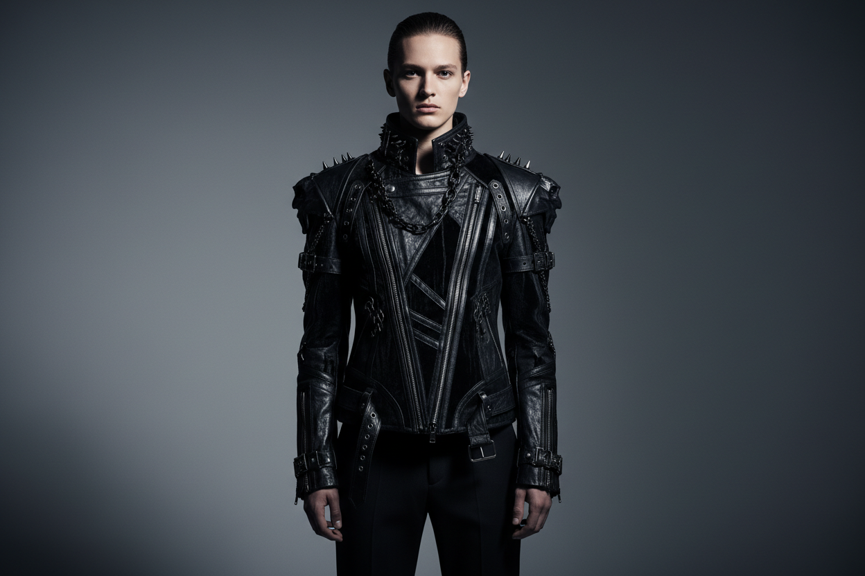 A model wearing gothic jacket, gradient grey background . image quality 8K