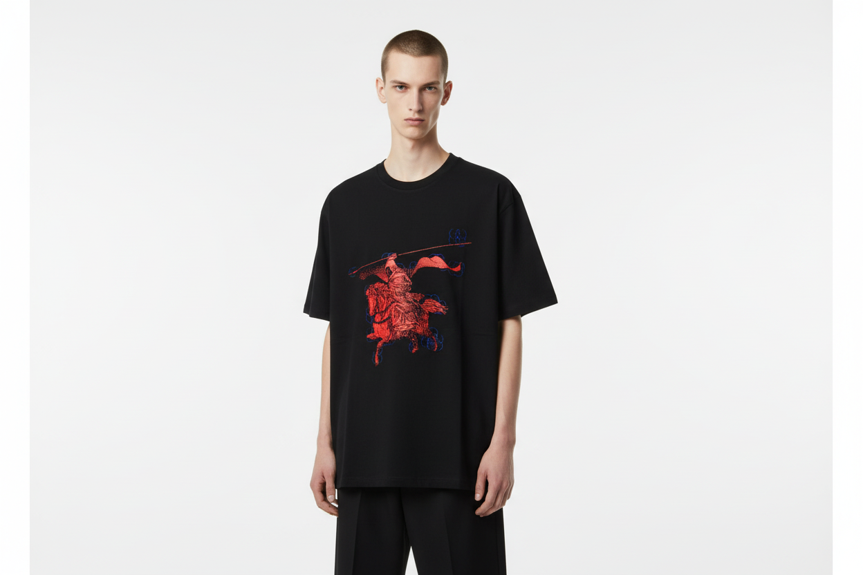 Skinny male model wearing red knight tee